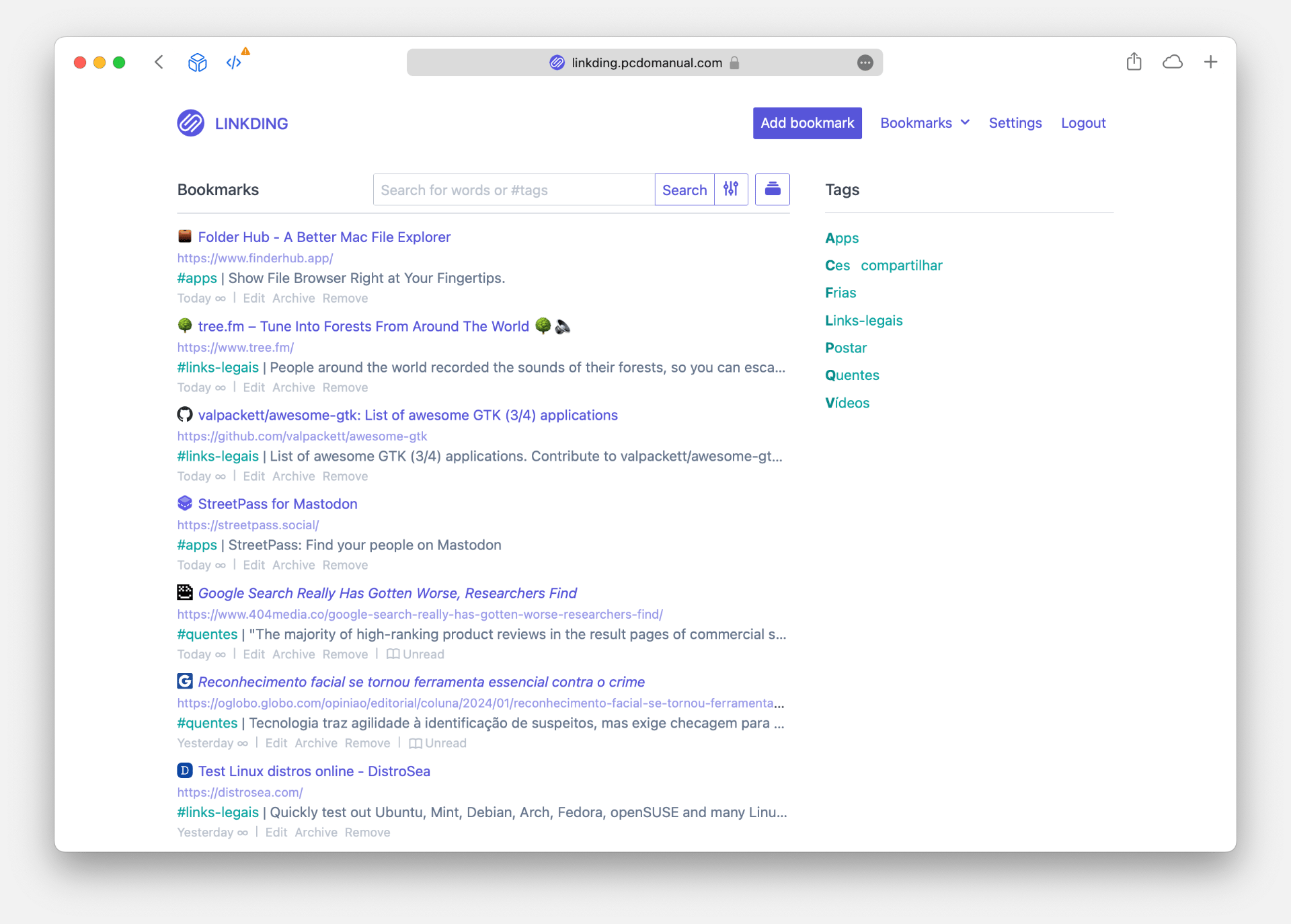Tela inicial do Linkding, com uma lista de links à esquerda, em uma janela do Safari para macOS.