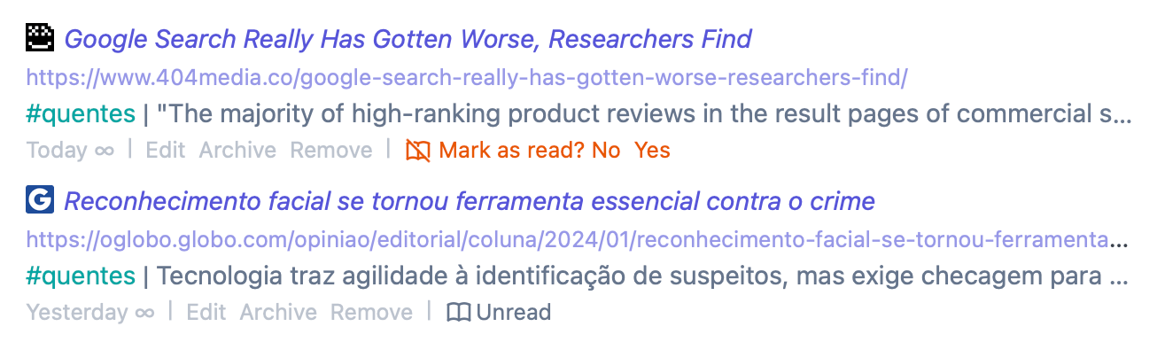 Blocos de dois links salvos no Linkding, destacando o item “não lido” (em inglês, “unread”).
