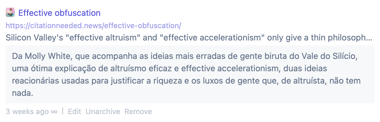Bloco de link salvo no Linkding, com um espaço destacado (fundo diferente) com um comentário meu sobre o link.