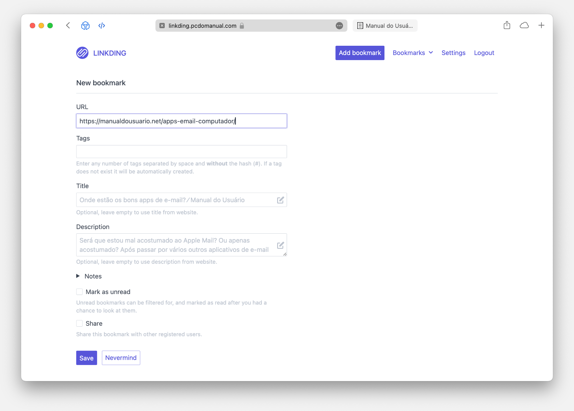Formulário para salvar links no Linkding, com um post do Manual inserido.