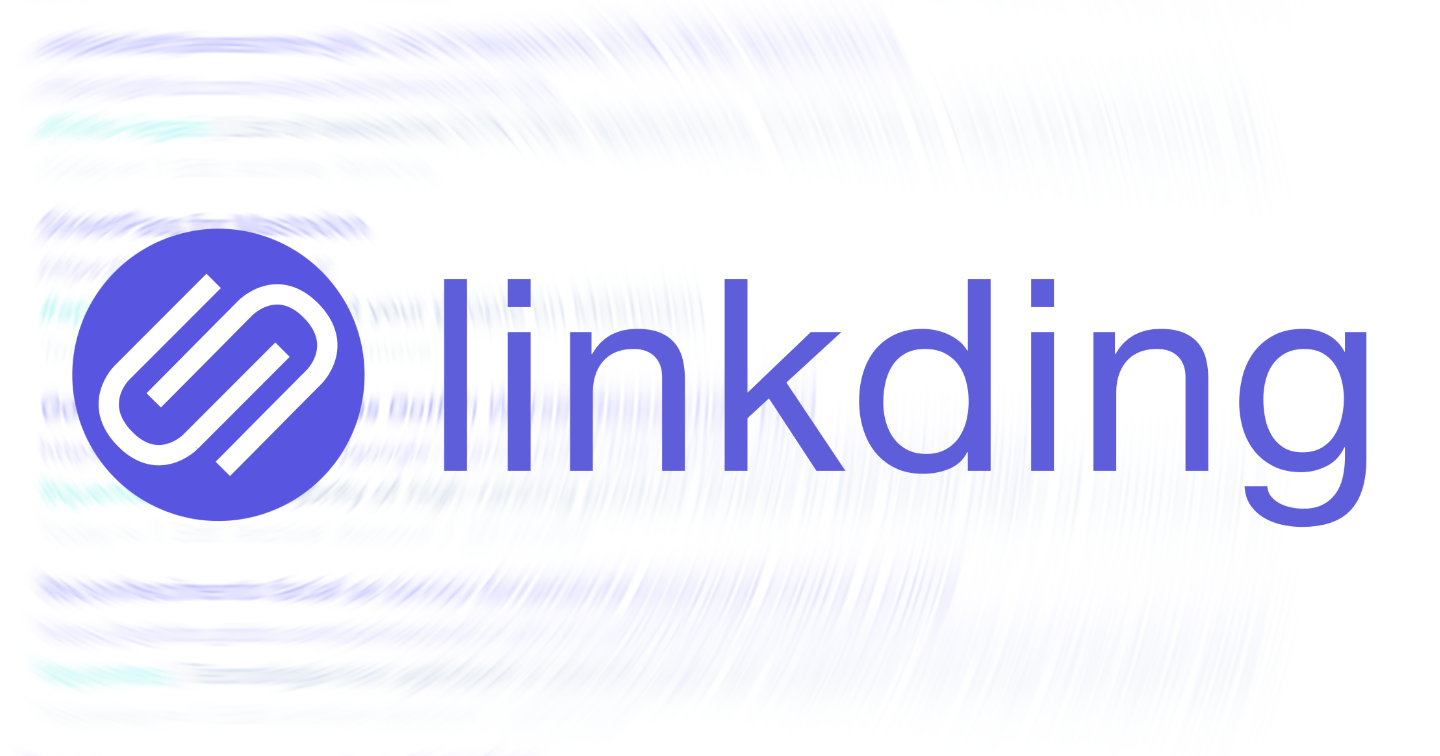Logo do Linkding (espécie de clipe dentro de um círculo roxo) à frente de uma lista de links borrada em círculos.