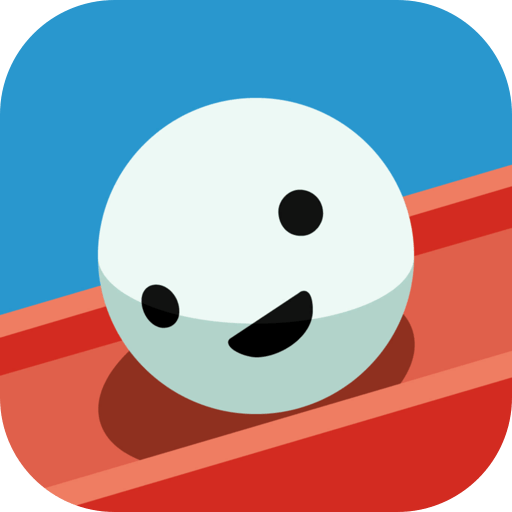 Bolinha branca sorridente dentro de uma calha vermelha inclinada contra um fundo azul.