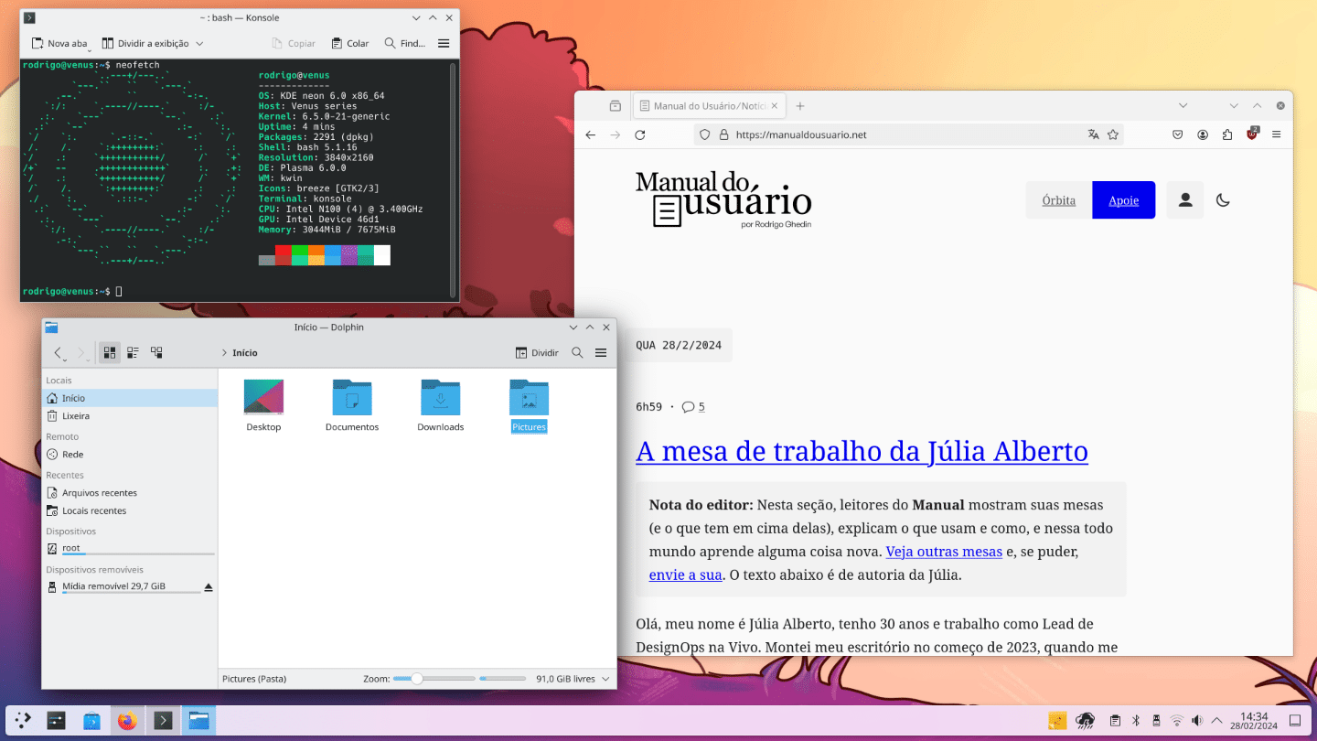Print da área de trabalho do KDE Plasma 6, com o neofetch aberto no Konsole, uma janela do Dolphin e o site do Manual aberto no Firefox.