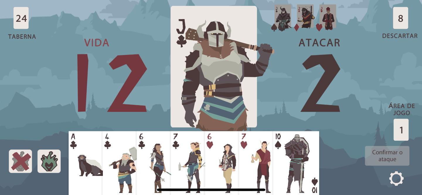 Print do Regicide Companion, mostrando cartas da taverna e um inimigo no topo.