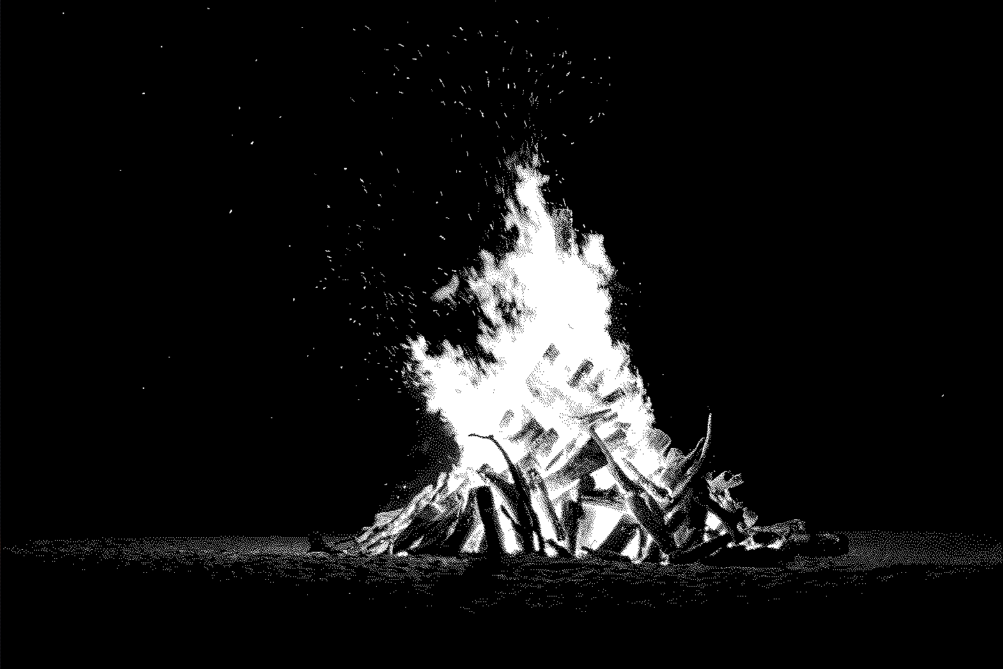 Fogueira em preto e branco, com efeito dithering.