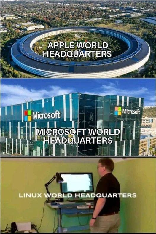 Três fotos empilhadas, mostrando as sedes da Apple e da Microsoft, e Linus Torvalds em um quarto mexendo no computador como se fosse a “sede do Linux”.