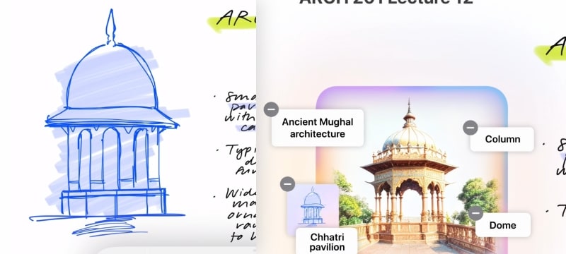 Antes e depois do esboço de um coreto “embelezado” pela IA da Apple.