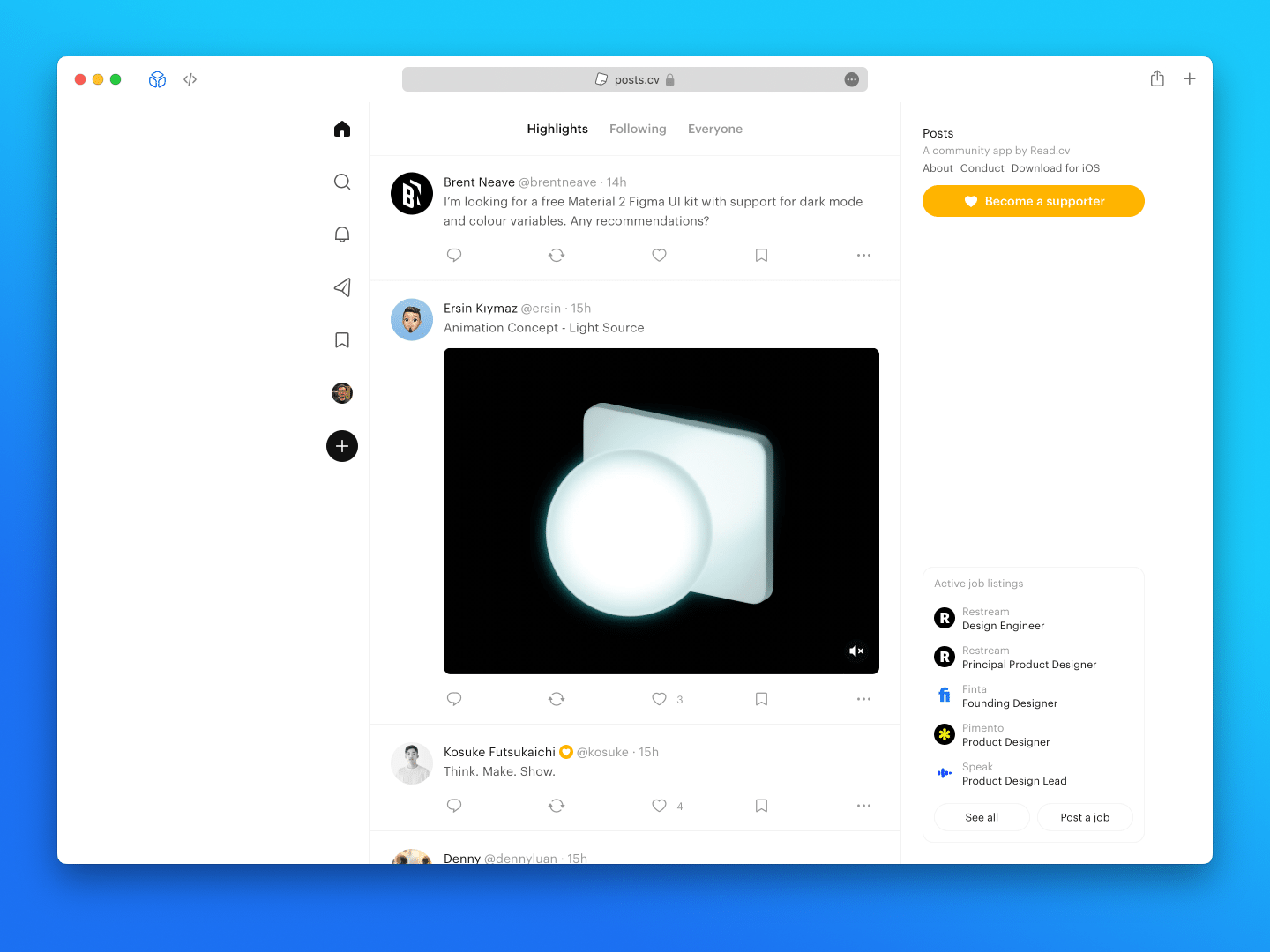 Print do feed da rede social Posts.cv em uma janela do Safari do macOS.