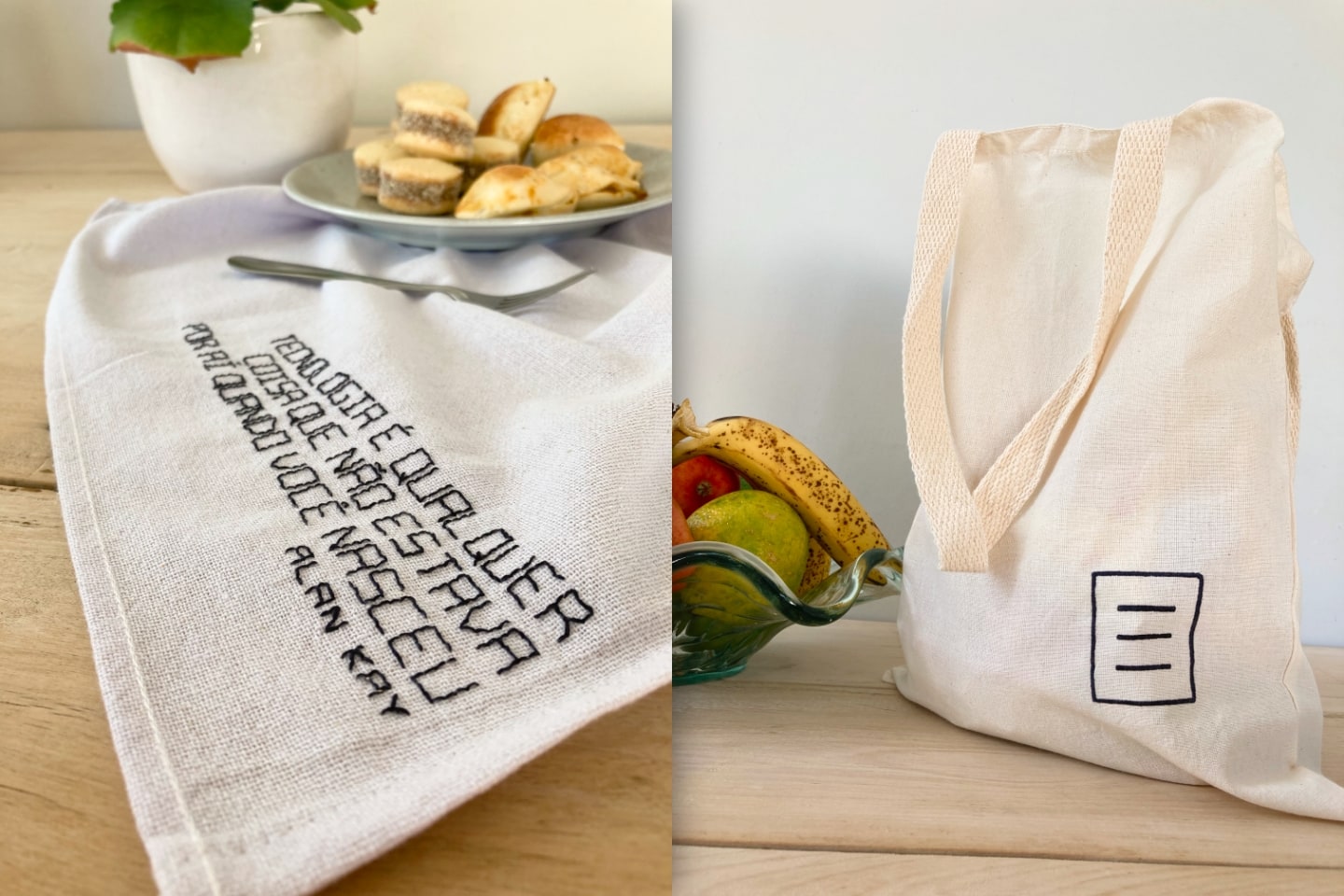 Montagem com duas fotos, uma de um pano de prato e outra de uma sacola de tecido com o logo do Manual do Usuário.