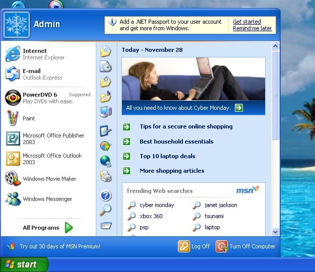 Print do menu Iniciar do Windows XP, só que com vários anúncios e chamadas de outros produtos da Microsoft.