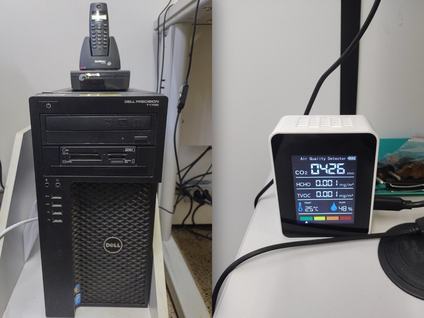 Computador Dell com um telefone sobre e, à direita, outra foto de um pequeno monitor ambiental.