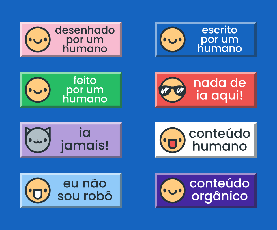 Oito selos, cada um com um emoji à esquerda e uma frase anti-IA, tipo “feito por um humano”, contra um fundo azul.