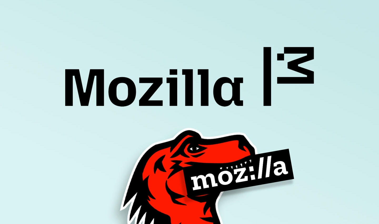 Novo logo da Mozilla centralizado, com o dinossauro vermelho clássico embaixo, “mordendo” o logo prestes a ser aposentado.