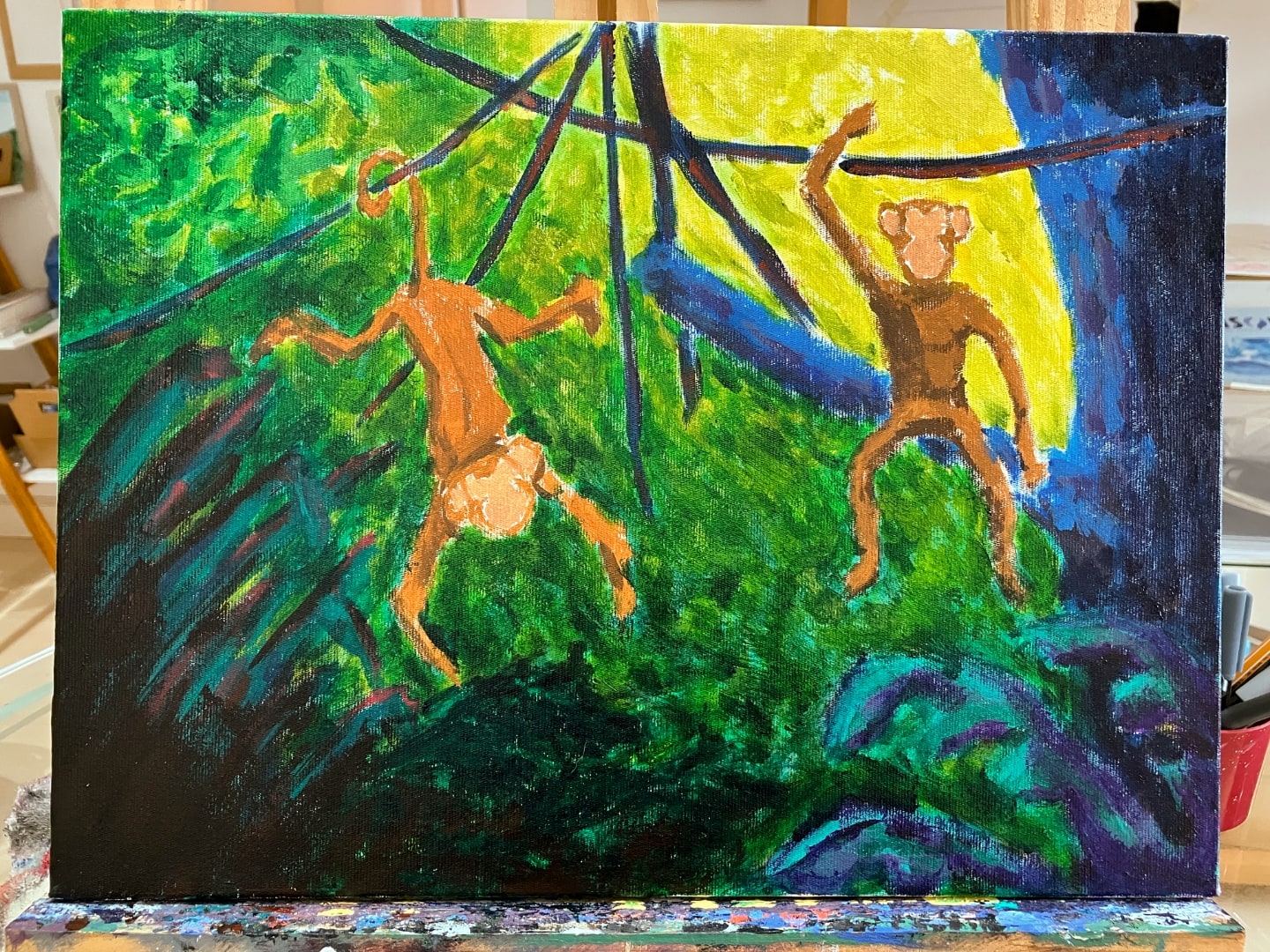 Terceira parcial do quadro dos macaquinhos, quase tudo pintado, só faltando alguns detalhes.