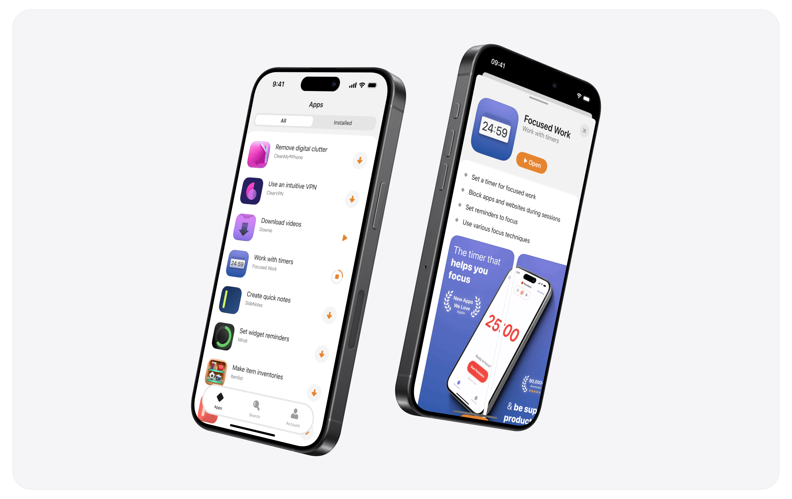Dois iPhones flutuando com a Setapp Mobile aberta — um em uma lista, outro com o app Focused Work destacado.