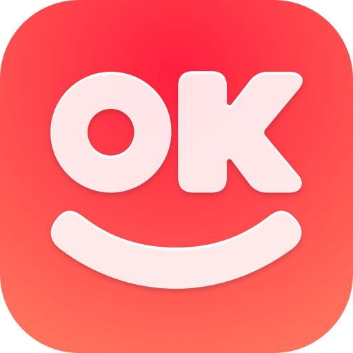 Ícone do OK Video: a palavra “OK” e um semi-círculo embaixo, formando um rosto, contra fundo vermelho e laranja em degradê.