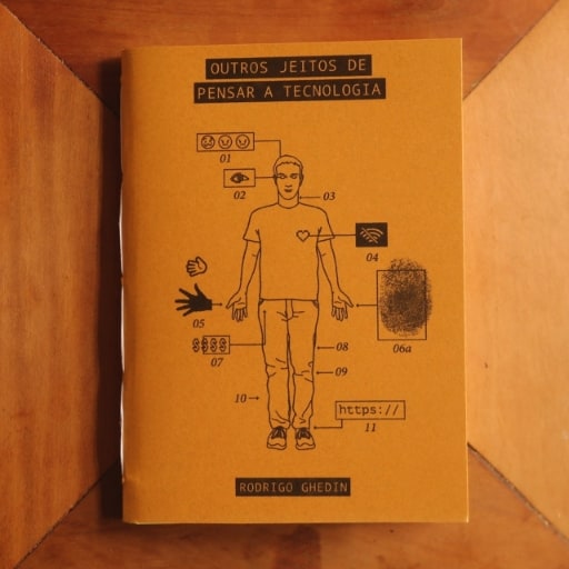 Foto de cima do zine “Outros jeitos de pensar a tecnologia”, do Manual do Usuário, contra uma superfície de madeira, em formato quadrado (1:1).