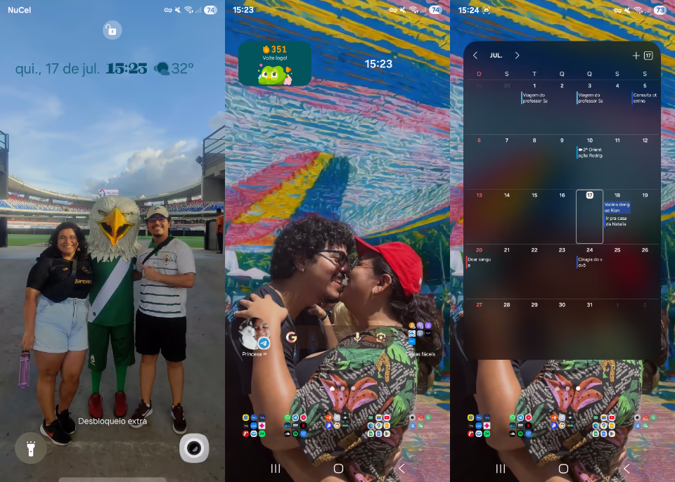 Três prints do celular do Rodrigo, mostrando a tela de bloqueio, inicial e outra com um widget grande de calendário.