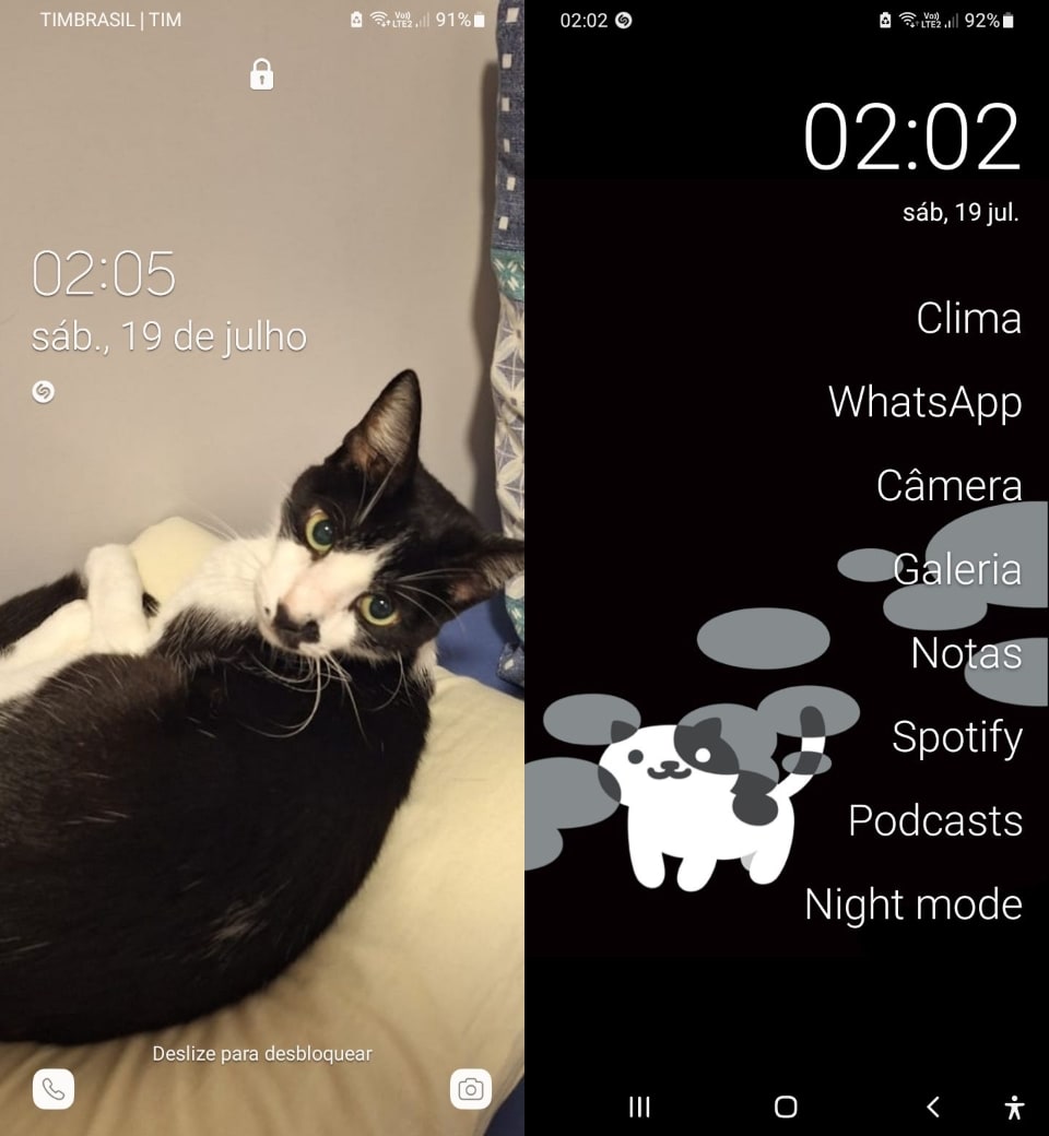 Duas telas lado a lado, a de bloqueio com a foto de um gato preto e branco, a da direita com uma lista de nomes de apps do Olauncher. 