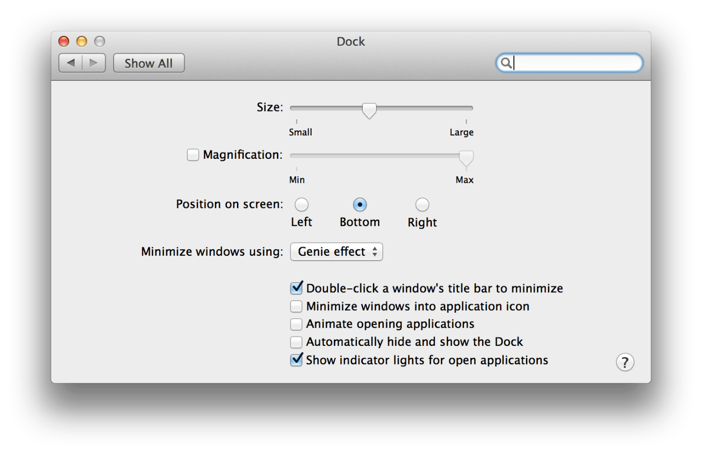 Dock settings screen on Mac OS X 10.7 Lion.