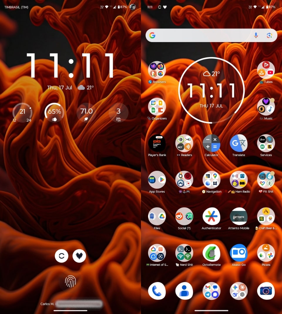 Duas telas do celular do Carlos, a de bloqueio e a inicial com apps e um widget redondo do relógio e previsão do tempo.