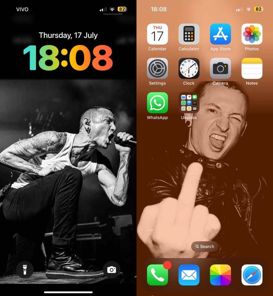 Duas telas do iPhone 14, de bloqueio e inicial, com fotos diferentes do cantor Chester Bennington.