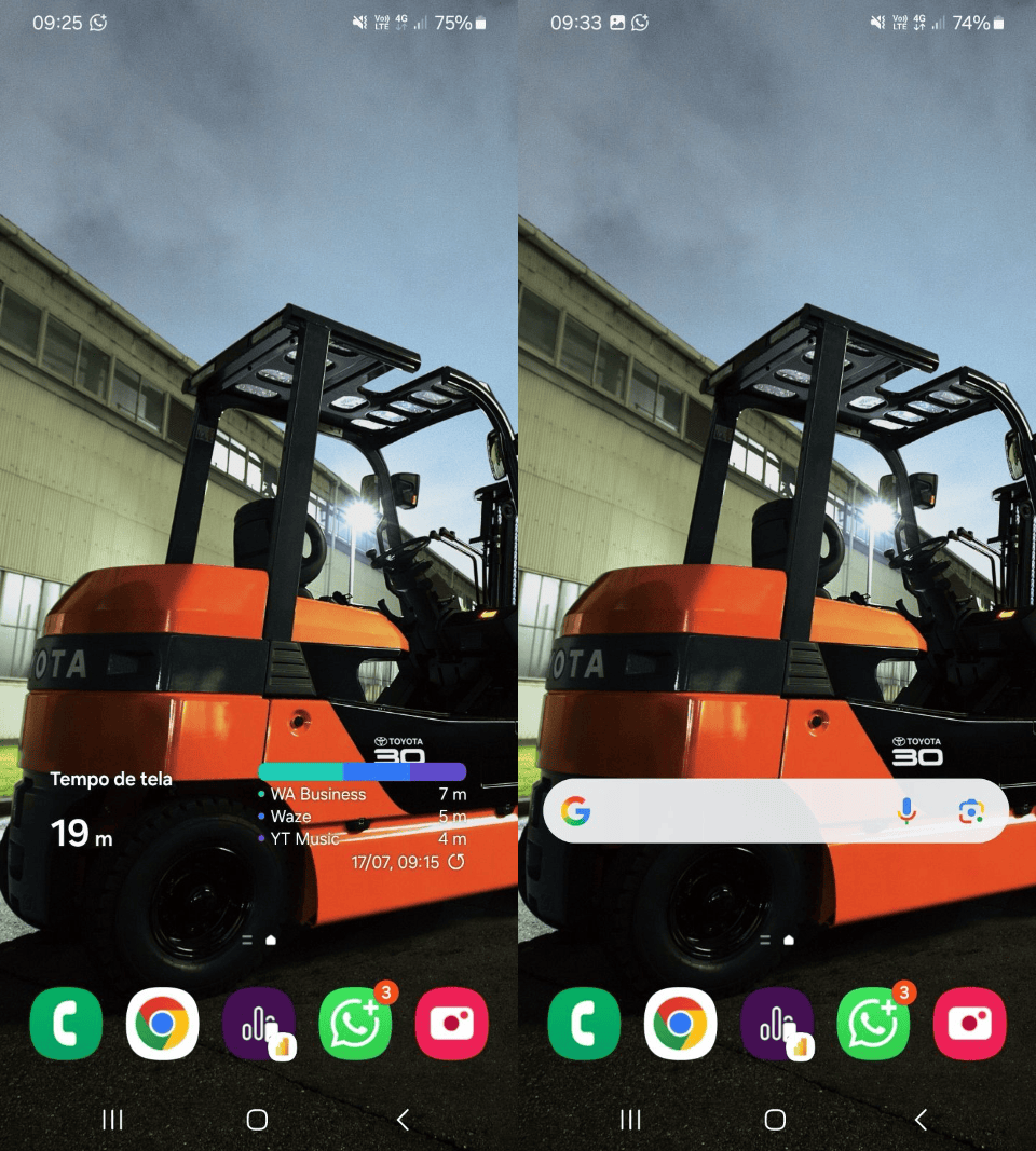 Dois prints do celular do Fernando, com uma empilhadeira elétrica de papel de parede e alguns apps no rodapé.