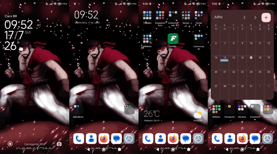 Quatro telas do celular do Giancarlo, todas com papel de parede do personagem Ryu. Tamanho original.