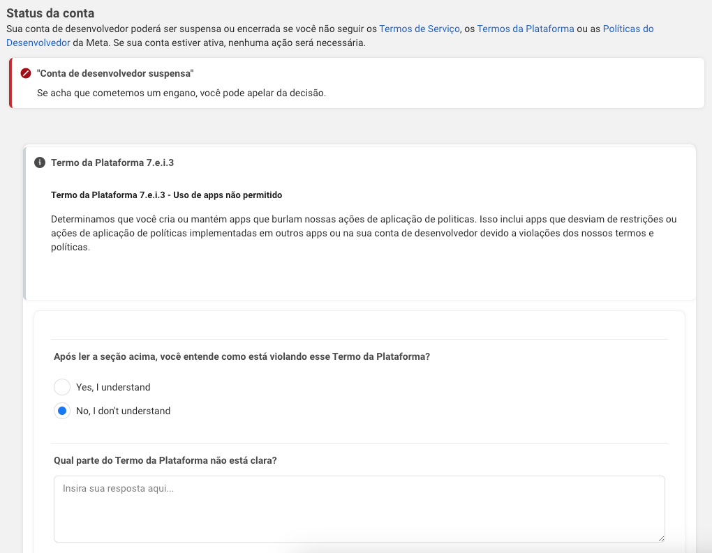 Página de apelações da plataforma de desenvolvimento do Facebook.