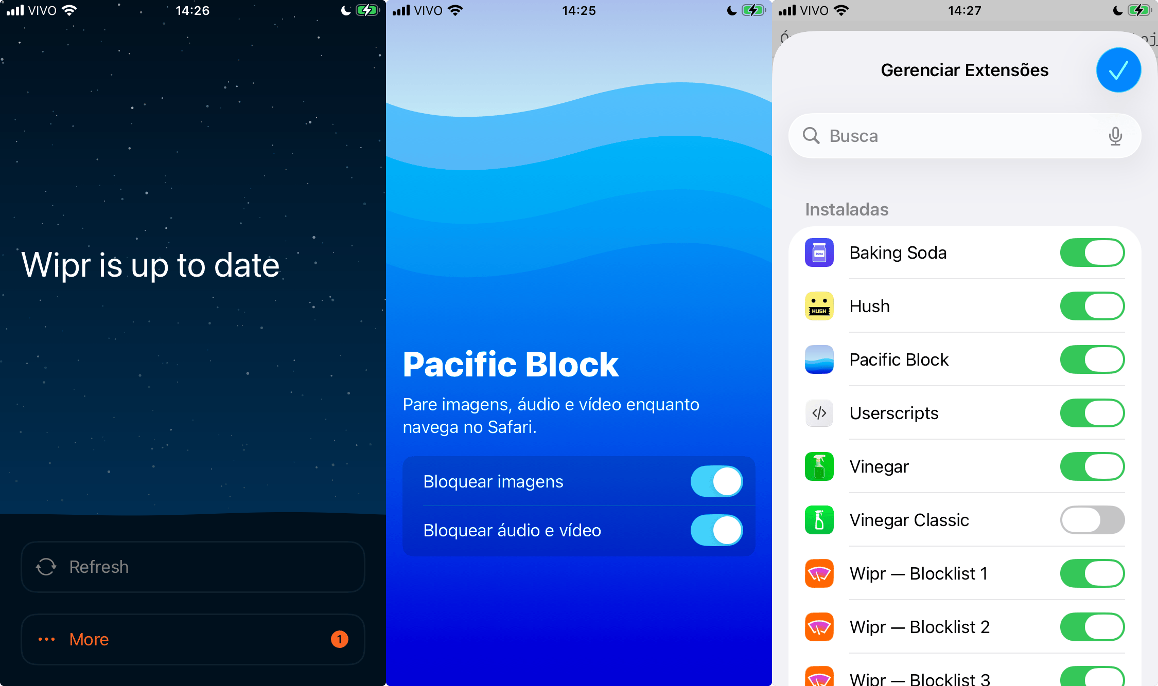 Três telas do iOS, dos aplicativos Wipr 2 e Pacific Block e da lista de extensões do Safari.