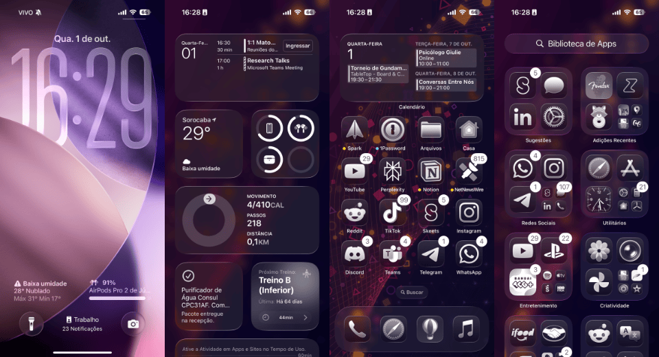 Four screens, side by side, from Julia Alberto's iOS 26 in purple tones with semi-transparent, monochrome icons.