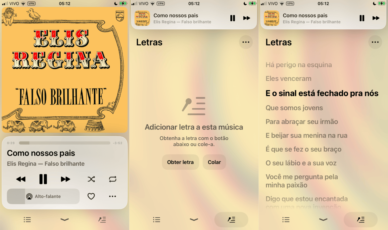 Three screens from the Doppi app showing the process for obtaining the synchronized lyrics of a song—in this example, the magnificent “Como nossos pais” by Elis Regina.