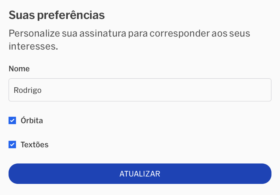 Print do formulário de personalização do recebimento da newsletter.