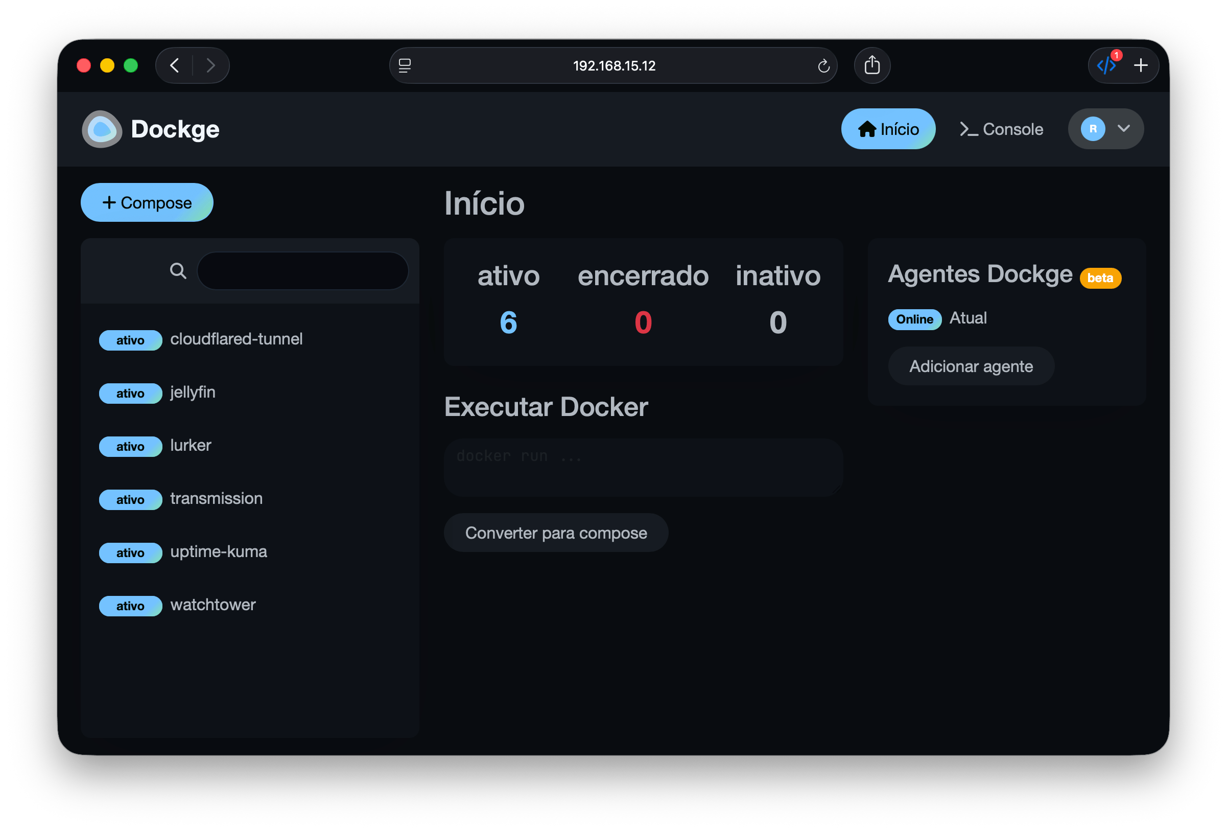 Print do Dockge mostrando todos os contêineres em uso.