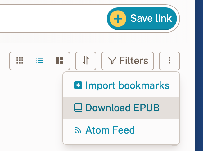Menu do Readeck que esconde as opções do feed Atom e par abaixar os textos em um EPUB.