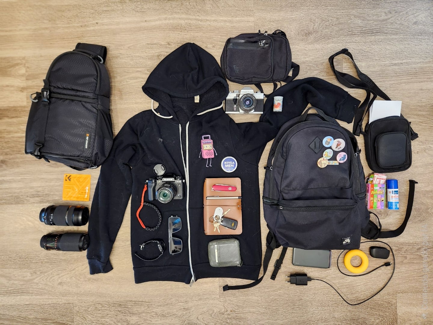 Mochilas e objetos do Nigel vistos de cima.