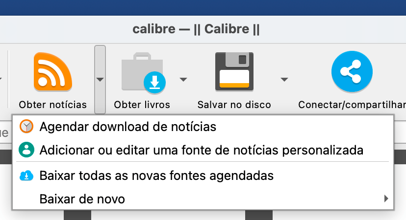 Menu do botão “Obter notícias” do Calibre.