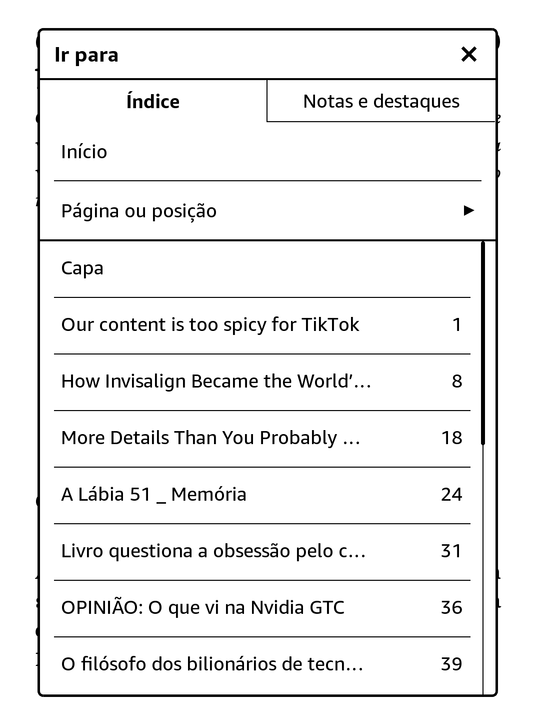 Print do índice de um “livro” gerado a partir do Readeck e Calibre.
