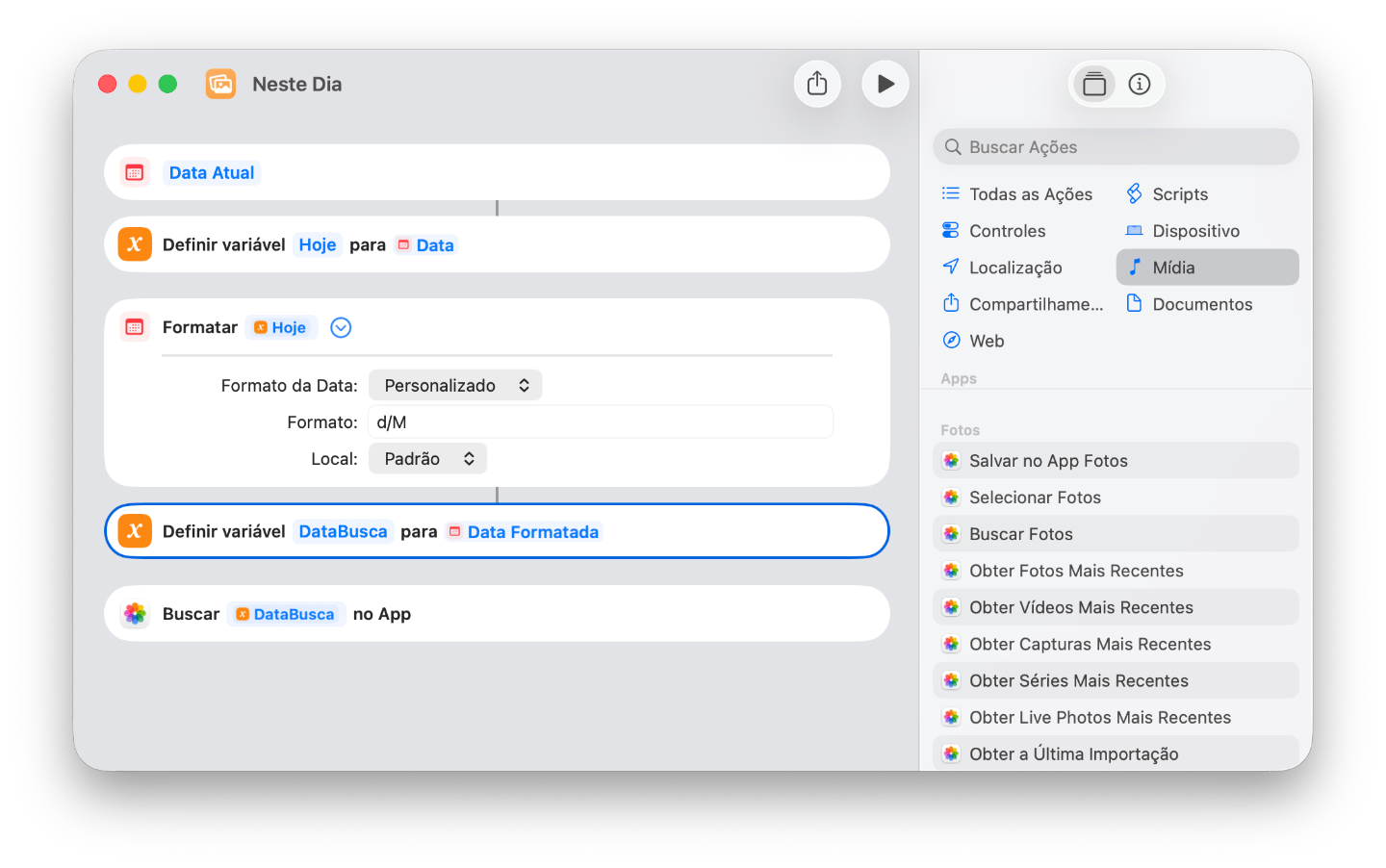 Print do aplicativo Atalhos no macOS, mostrando o esquema do atalho “Neste Dia”.