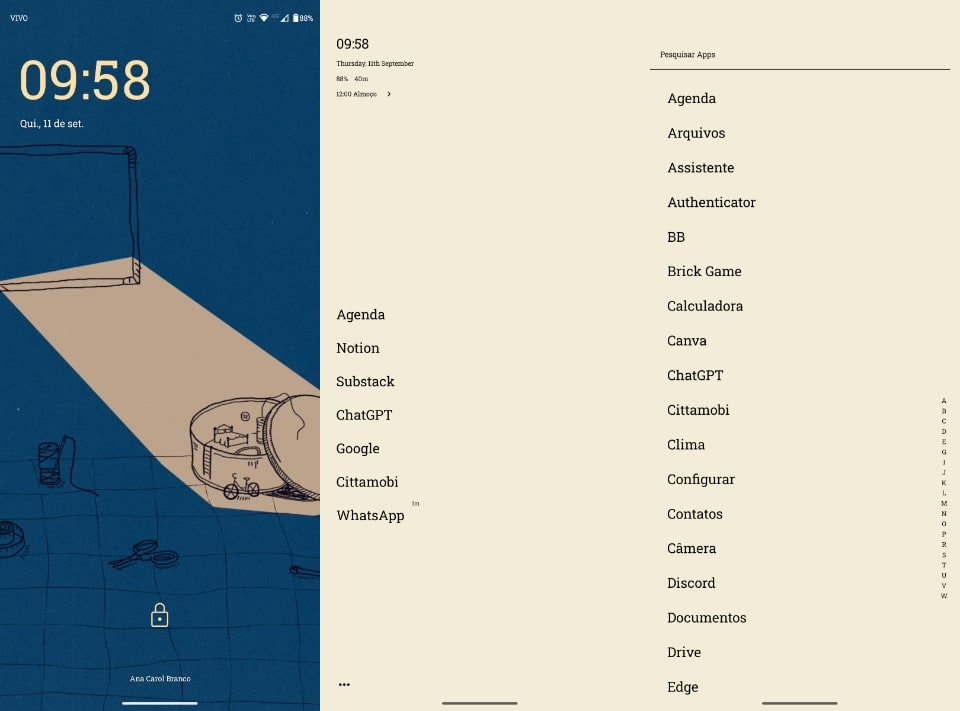 Três telas do celular da Ana (bloqueio, inicial e lista/bandeja de apps).