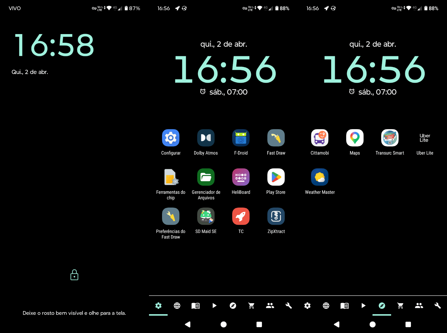 Três telas do celular do Felipe, com fundo preto, widget de relógio e data, e alguns aplicativos em abas.
