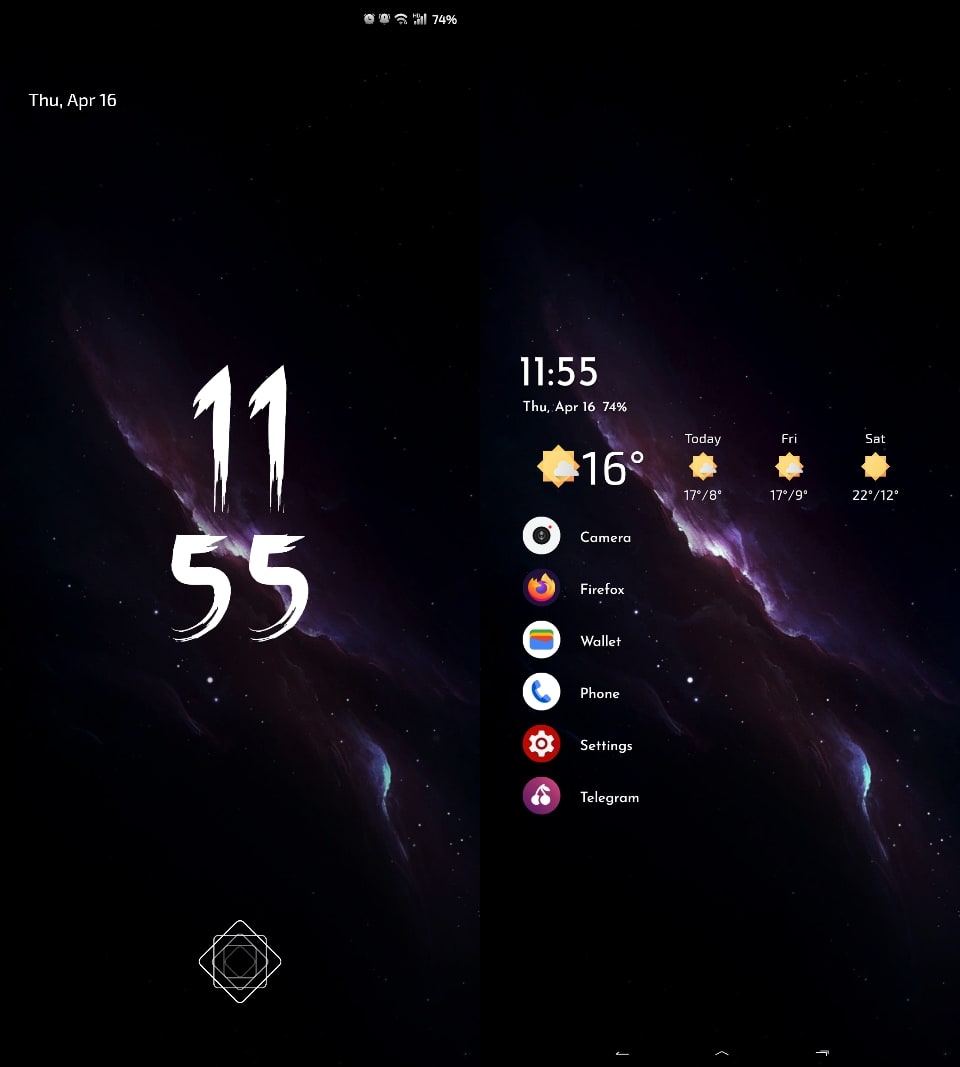 Dois prints do celular do Thiago Schuch (tela de bloqueio e tela inicial).