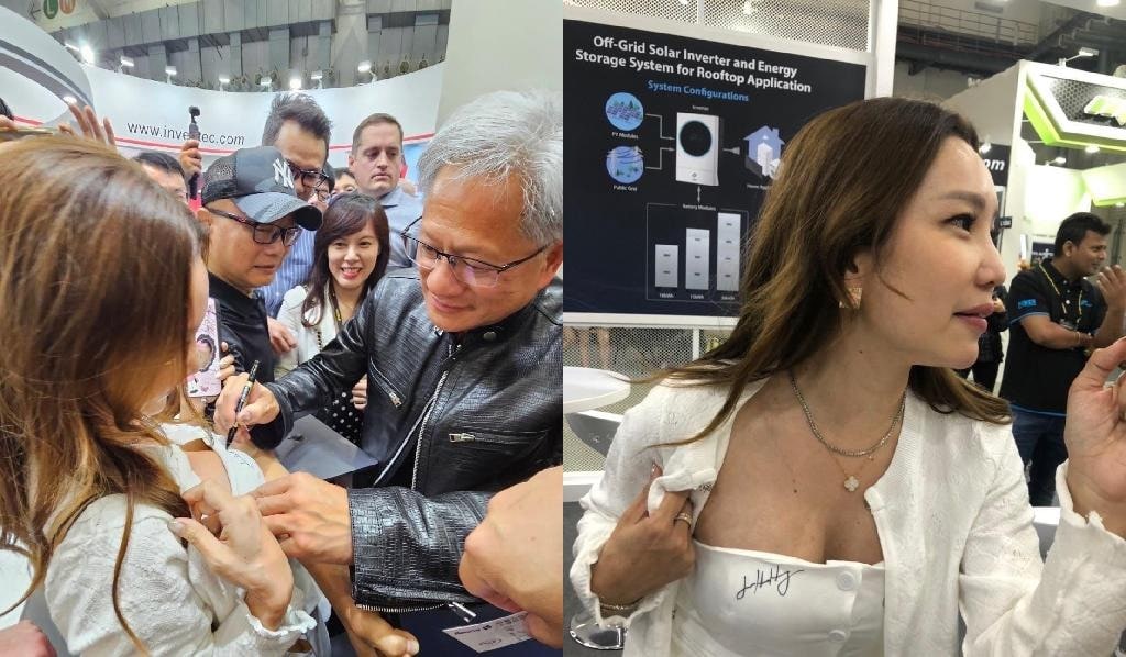 Duas fotos mostrando o CEO da Nvidia, Jensen Huang, assinando o busto de uma mulher. A segunda foto mostra a assinatura.