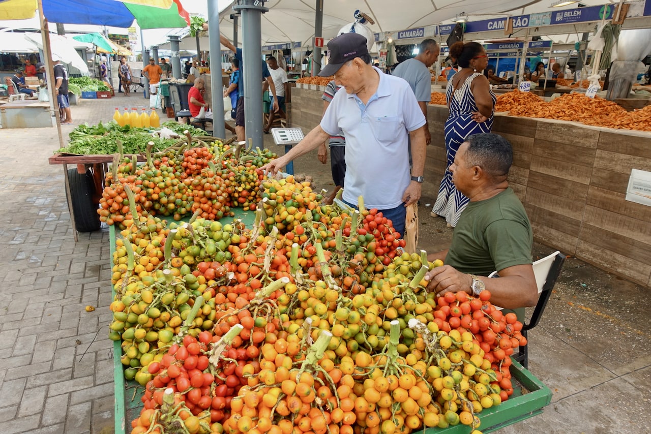 Market stand with many bunches of pupunha.