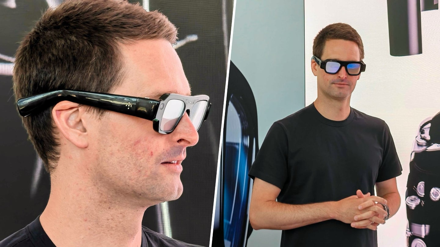 Duas fotos de Evan Spiegel, da Snap, usando os novos SPECS. A da esquerda mostra a orelha dele amassada pelos óculos.
