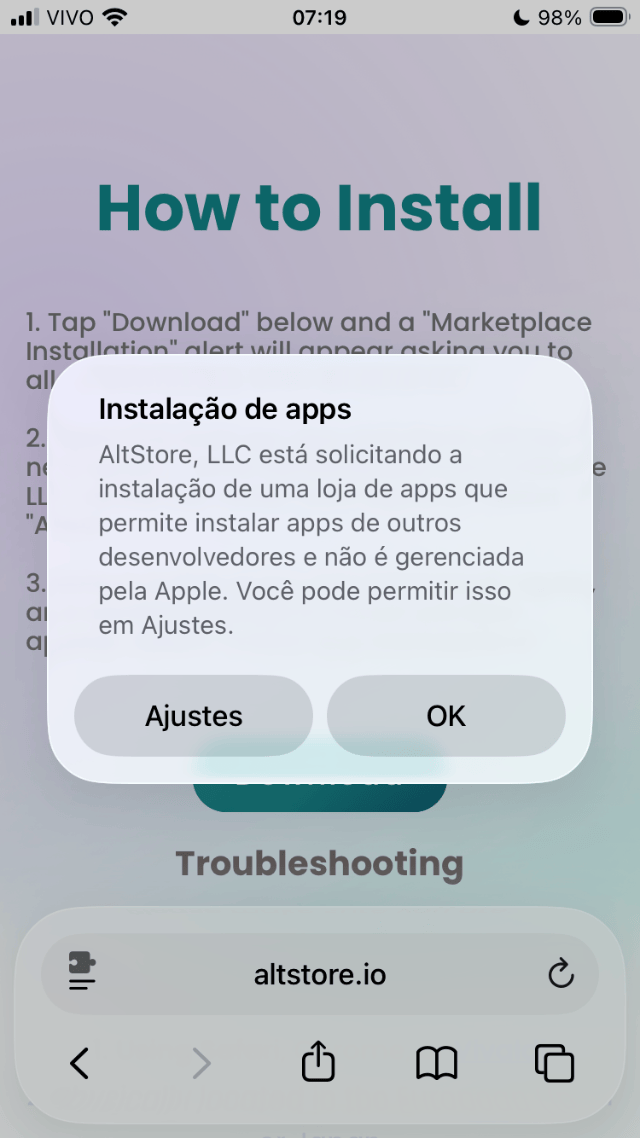Alerta do iOS no site da AltStore&nbsp;PAL.