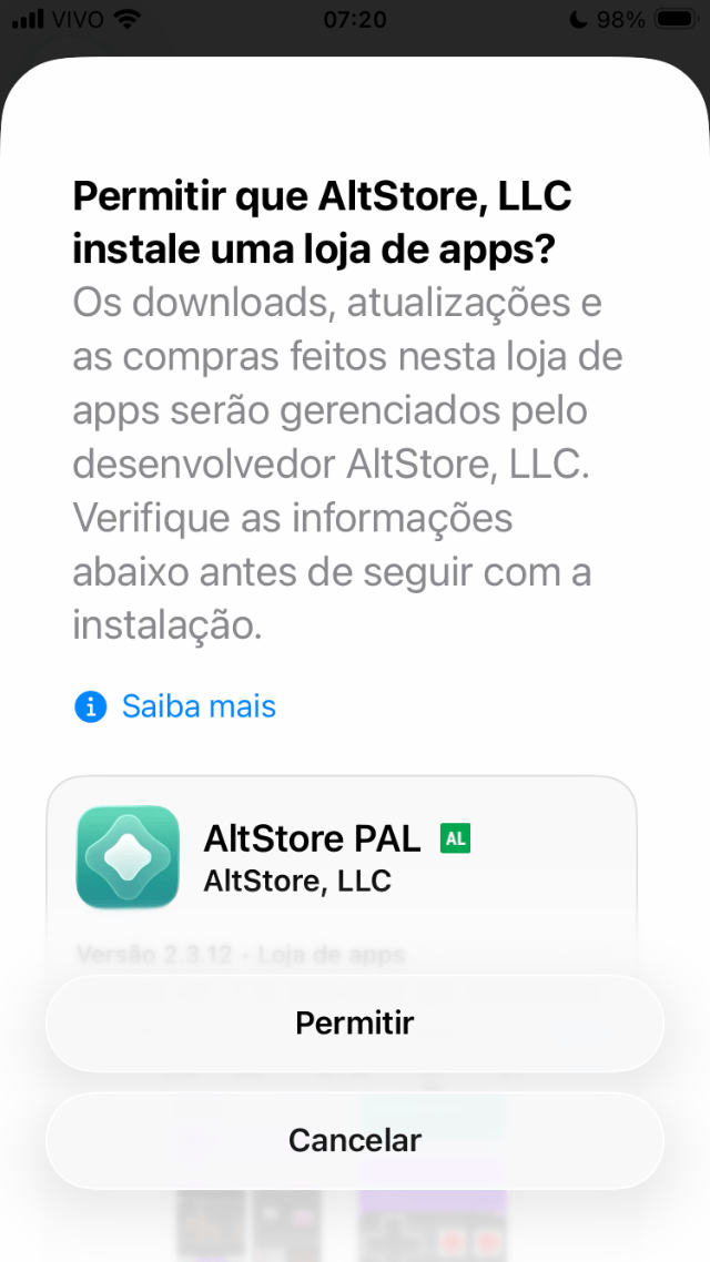 Último alerta para a instalação de loja alternativa no iOS.