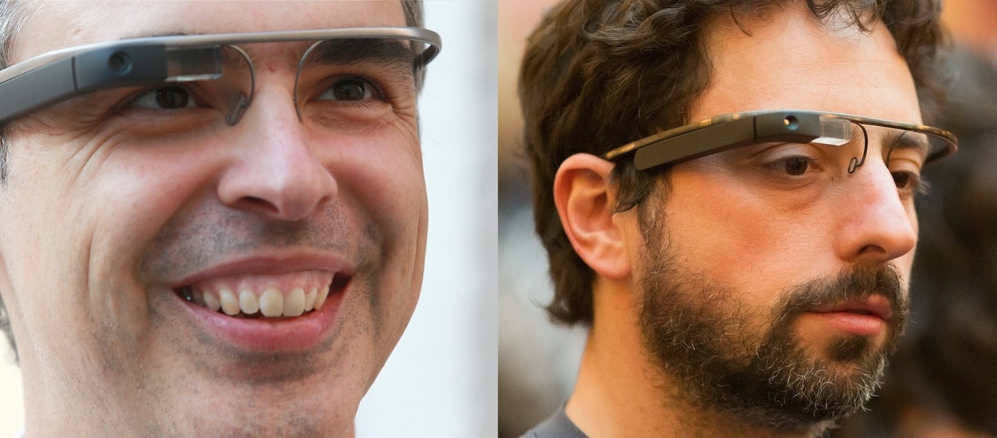 Colagem mostrando Larry Page e Sergey Brin usando o Google Glass.