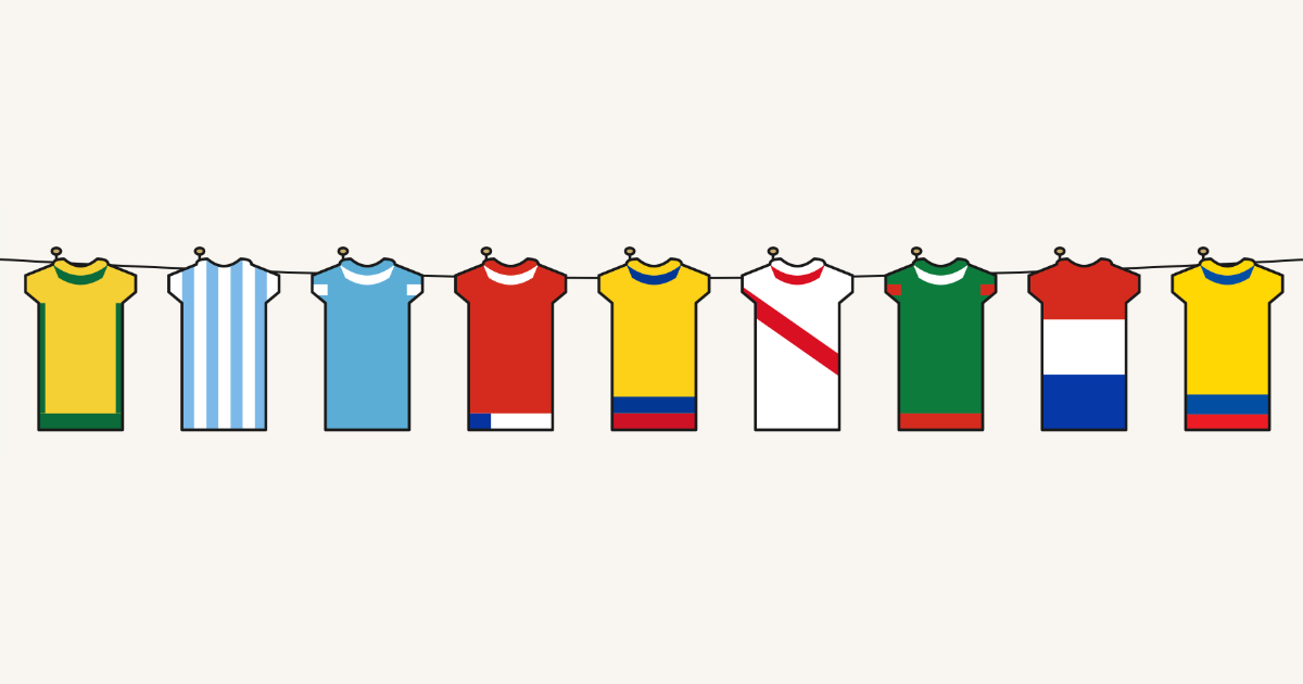 Ilustração de camisas de times coloridas estendidas em um varal.