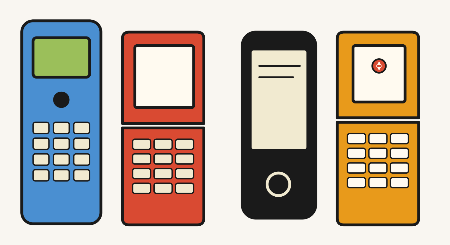 Ilustrações de quatro formatos de celulares antigos.